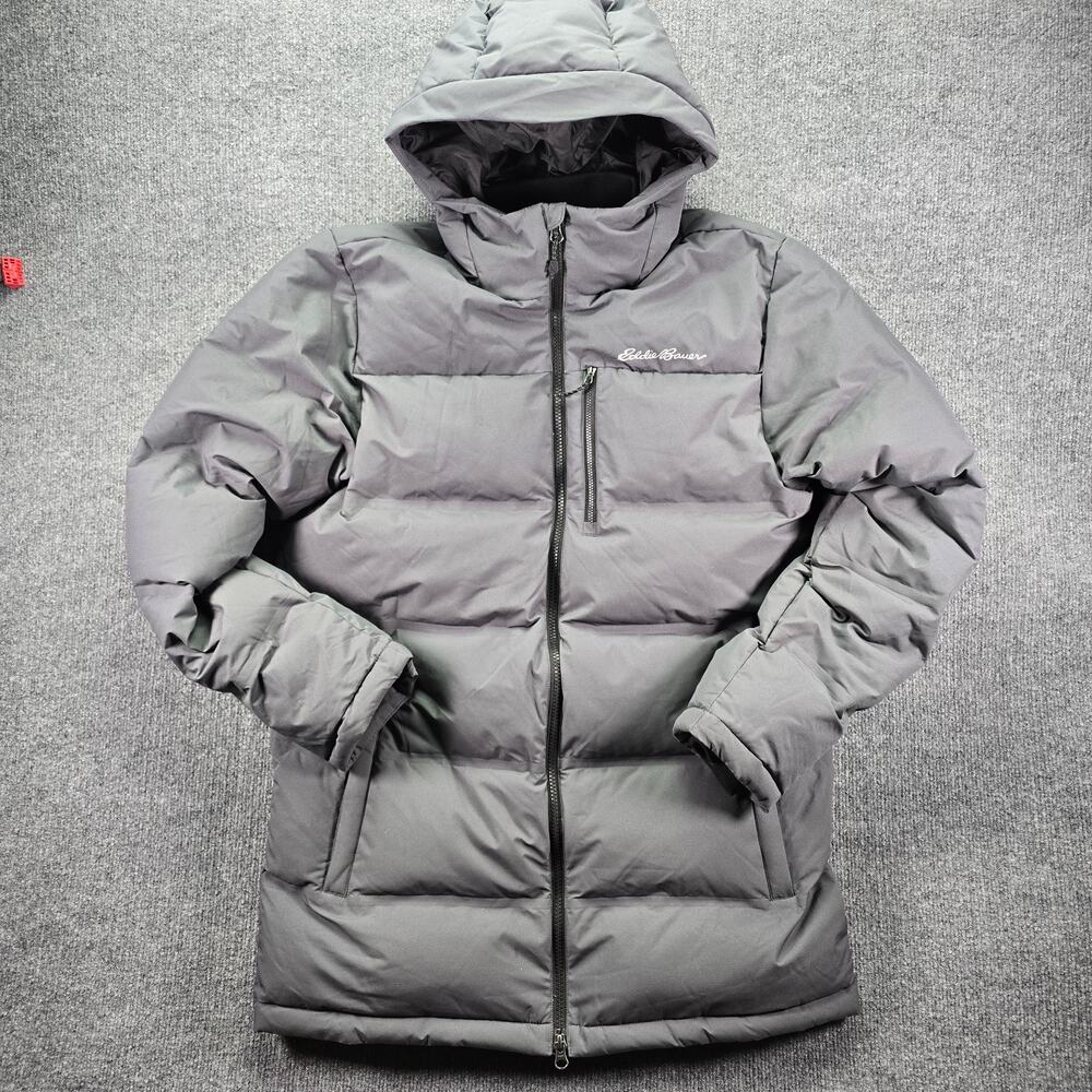 Eddie Bauer Glacier Peak Puffer Jacket Mens Medium Gray Seamless Down Parka Hood